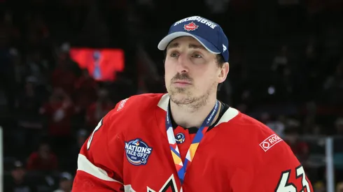 Brad Marchand #63 of Team Canada skates with their championship medal after defeating Team United States in overtime to win the NHL 4 Nations Face-Off Championship Game at TD Garden on February 20, 2025 in Boston, Massachusetts.
