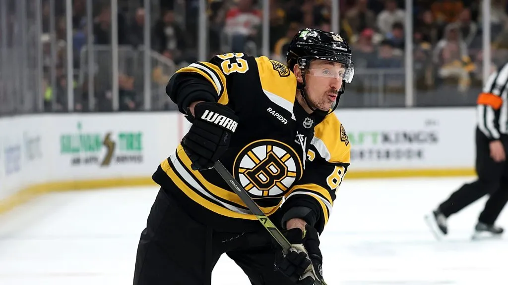Brad Marchand #63 of the Boston Bruins skates against the Boston Bruins during the third period at TD Garden on February 22, 2025 in Boston, Massachusetts. The Ducks defeat the Bruins 3-2 in overtime.