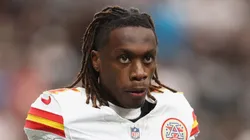 Xavier Worthy #1 of the Kansas City Chiefs on the field during the NFL game against the Las Vegas Raiders at Allegiant Stadium on October 27, 2024 in Las Vegas, Nevada. The Chiefs defeated the Raiders 27-20.