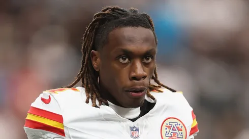 Xavier Worthy #1 of the Kansas City Chiefs on the field during the NFL game against the Las Vegas Raiders at Allegiant Stadium on October 27, 2024 in Las Vegas, Nevada. The Chiefs defeated the Raiders 27-20.