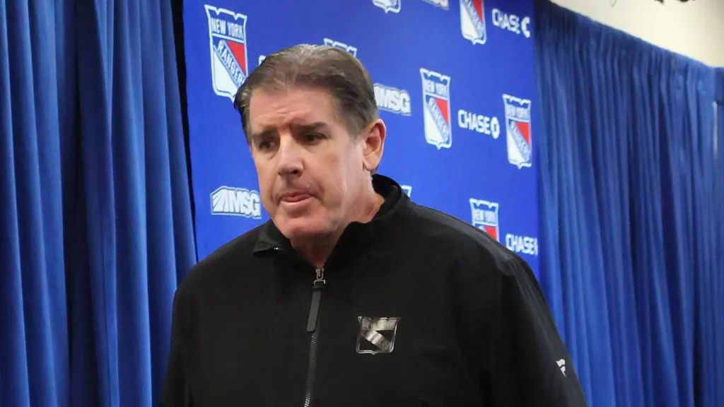 Head coach Peter Laviolette of the New York Rangers leaves the podium after speaking with the media prior to the game against the Montreal Canadiens at Madison Square Garden on November 30, 2024 in New York City.