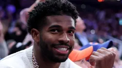 Shedeur Sanders attends the quarterfinal game of the Emirates NBA Cup between the New York Knicks and the Atlanta Hawks at Madison Square Garden on December 11, 2024 in New York City. The Atlanta Hawks defeated the New York Knicks 108-100 to advance to the semifinal round.