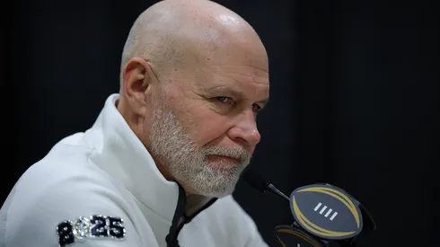 Defensive coordinator Jim Knowles of the Ohio State Buckeyes speaks to the media during the Ohio State Buckeyes media day at the Georgia World Congress Center prior to the 2025 CFP National Championship between the Ohio State Buckeyes and Notre Dame Fighting Irish on January 18, 2025 in Atlanta, Georgia.