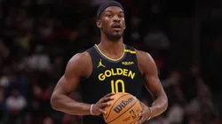 Jimmy Butler #10 of the Golden State Warriors in action against the Chicago Bulls during the second half at the United Center on February 08, 2025 in Chicago, Illinois.