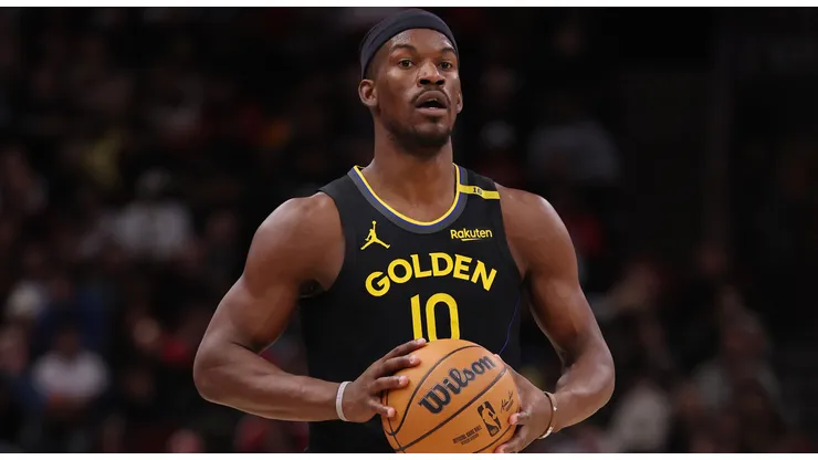 Jimmy Butler #10 of the Golden State Warriors in action against the Chicago Bulls during the second half at the United Center on February 08, 2025 in Chicago, Illinois.