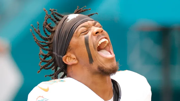 Jevon Holland #8 of the Miami Dolphins reacts prior to a game against the Denver Broncos at Hard Rock Stadium on September 24, 2023 in Miami Gardens, Florida.