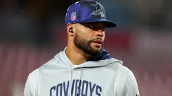 Dak Prescott #4 of the Dallas Cowboys warms up prior to a game against the Tampa Bay Buccaneers in the NFC Wild Card playoff game at Raymond James Stadium on January 16, 2023 in Tampa, Florida.