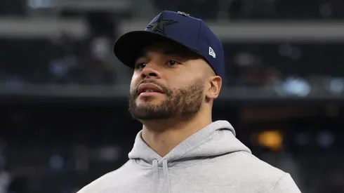 Dak Prescott #4 of the Dallas Cowboys looks on prior to the game against the Washington Commanders at AT&T Stadium on January 05, 2025 in Arlington, Texas.