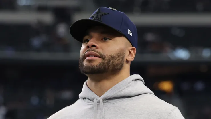 Dak Prescott #4 of the Dallas Cowboys looks on prior to the game against the Washington Commanders at AT&T Stadium on January 05, 2025 in Arlington, Texas.
