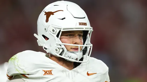 Quinn Ewers #3 of the Texas Longhorns looks on during the second quarter against the Alabama Crimson Tide at Bryant-Denny Stadium on September 09, 2023 in Tuscaloosa, Alabama.