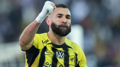 Karim Benzema of Al Ittihad celebrates after scoring the 1st goal during the Saudi Pro League match between Damac FC and Al Ittihad at Prince Sultan bin Abdulaziz Sport City Stadium on January 27, 2025 in Abha, Saudi Arabia.