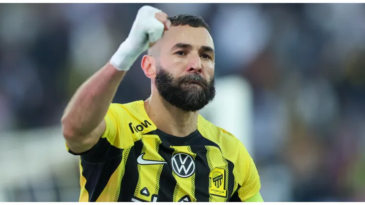 Karim Benzema of Al Ittihad celebrates after scoring the 1st goal during the Saudi Pro League match between Damac FC and Al Ittihad at Prince Sultan bin Abdulaziz Sport City Stadium on January 27, 2025 in Abha, Saudi Arabia.