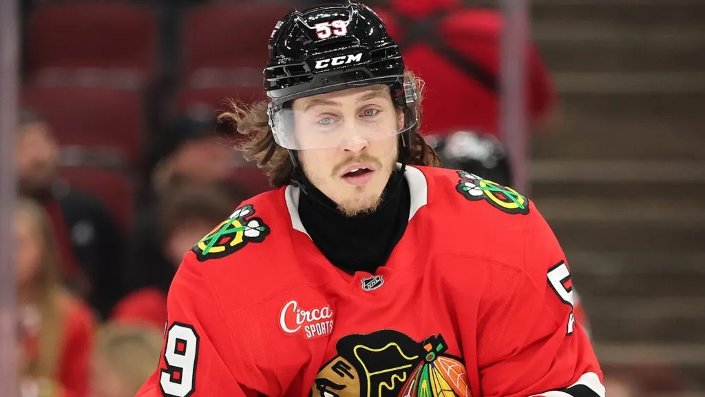 Tyler Bertuzzi #59 of the Chicago Blackhawks looks on against the Colorado Avalanche during the first period at the United Center on January 08, 2025 in Chicago, Illinois.