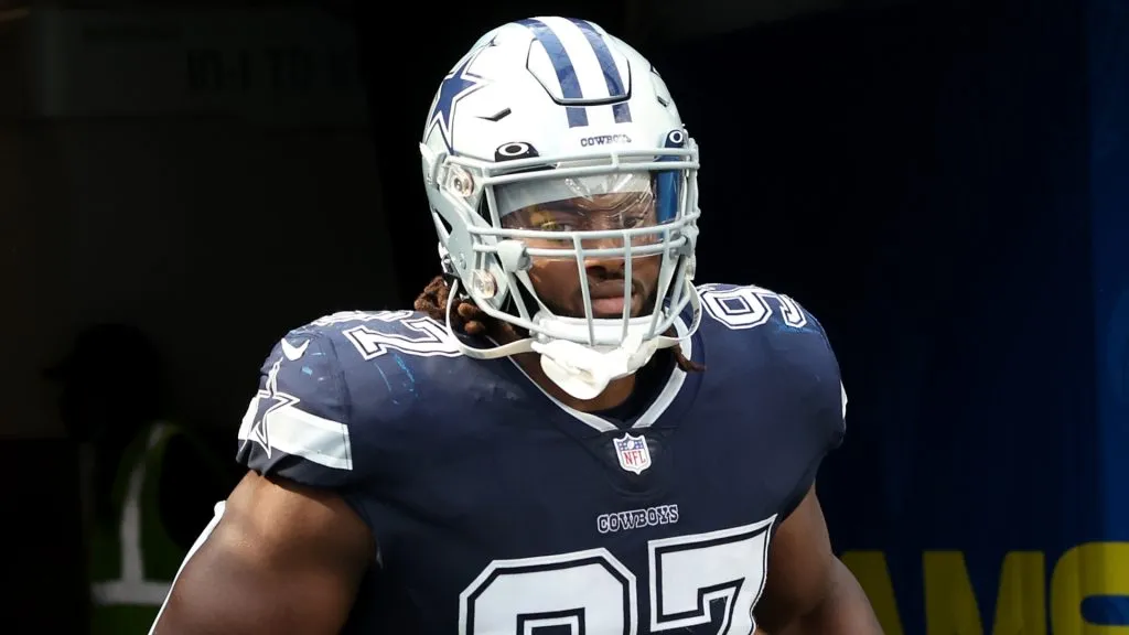 Osa Odighizuwa #97 of the Dallas Cowboys enters the stadium prior to a game against the Los Angeles Rams during the first half of a game at SoFi Stadium on October 09, 2022 in Inglewood, California.