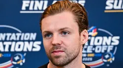Josh Morrissey #44 of Canada takes questions during media day ahead of the 2025 NHL 4 Nations Face-Off at the Bell Centre on February 11, 2025 in Montreal, Quebec, Canada.