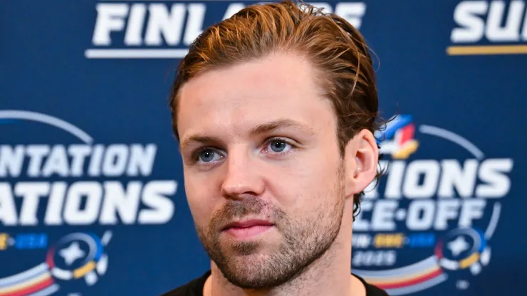 Josh Morrissey #44 of Canada takes questions during media day ahead of the 2025 NHL 4 Nations Face-Off at the Bell Centre on February 11, 2025 in Montreal, Quebec, Canada.