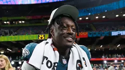 A.J. Brown #11 of the Philadelphia Eagles celebrates with the Vince Lombardi Trophy after beating the Kansas City Chiefs