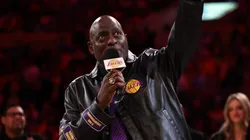 Former Los Angeles Laker Michael Cooper speaks during his jersey retirement at halftime between the Lakers and the San Antonio Spurs at Crypto.com Arena on January 13, 2025 in Los Angeles, California.