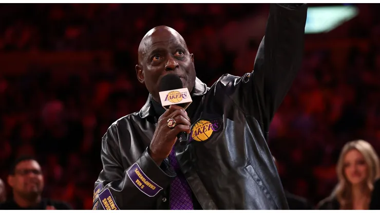 Former Los Angeles Laker Michael Cooper speaks during his jersey retirement at halftime between the Lakers and the San Antonio Spurs at Crypto.com Arena on January 13, 2025 in Los Angeles, California.