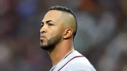 Eddie Rosario #8 of the Atlanta Braves looks on in the second inning during a game against the Tampa Bay Rays at Tropicana Field on July 07, 2023 in St Petersburg, Florida.