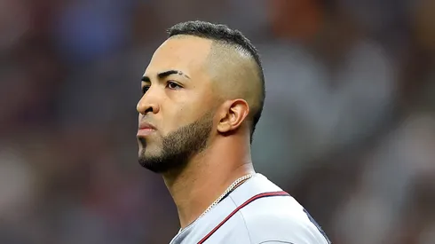 Eddie Rosario #8 of the Atlanta Braves looks on in the second inning during a game against the Tampa Bay Rays at Tropicana Field on July 07, 2023 in St Petersburg, Florida.