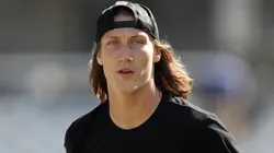 Trevor Lawrence #16 of the Jacksonville Jaguars takes to the field during warm ups against the New York Giants at TIAA Bank Field on October 23, 2022 in Jacksonville, Florida.