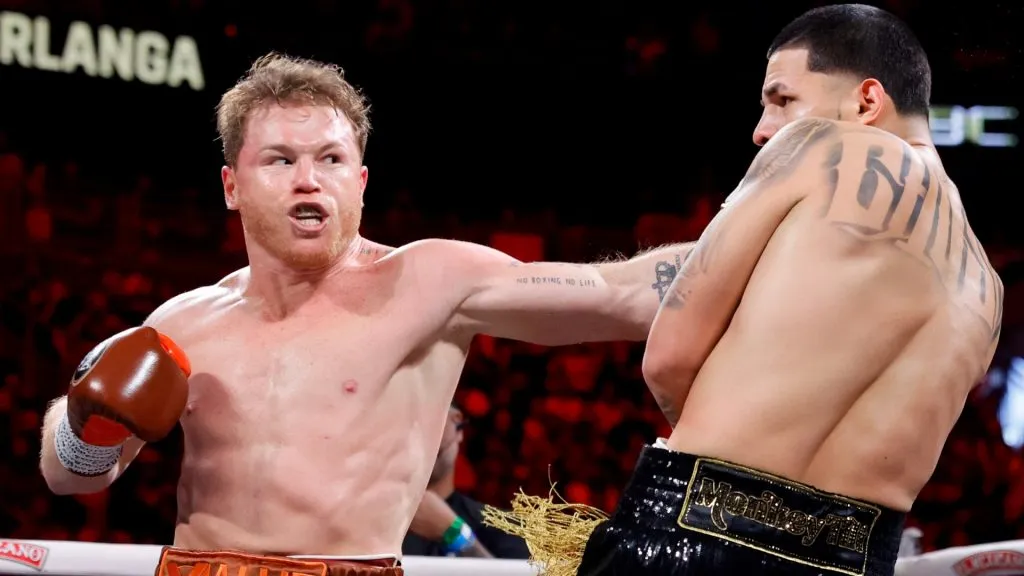 WBC/WBA/WBO super middleweight champion Canelo Alvarez punches Edgar Berlanga during the first round of a title fight at T-Mobile Arena on September 14, 2024 in Las Vegas, Nevada. (Photo by Steve Marcus/Getty Images)