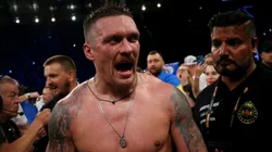 Oleksandr Usyk celebrates victory after defeating Daniel Dubois during the Heavyweight fight between Oleksandr Usyk and Daniel Dubois at Stadion Wroclaw on August 26, 2023 in Wroclaw, Poland.