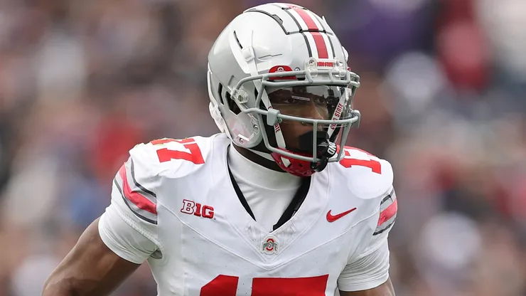 Carnell Tate #17 of the Ohio State Buckeyes in action against the Northwestern Wildcats during the first half at Wrigley Field on November 16, 2024 in Chicago, Illinois.