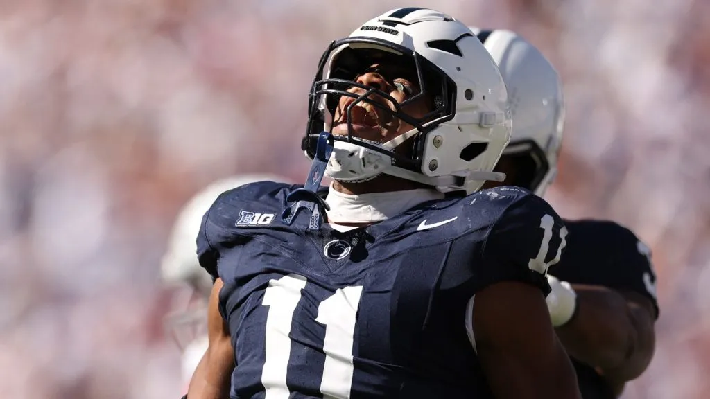 Abdul Carter #11 of the Penn State Nittany Lions celebrates after sacking Will Howard #18 of the Ohio State Buckeyes during the second quarter at Beaver Stadium on November 02, 2024 in State College, Pennsylvania.
