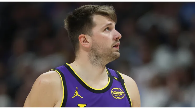 Luka Doncic #77 of the Los Angeles Lakers plays the Denver Nuggets in the fourth quarter at Ball Arena on February 22, 2025.