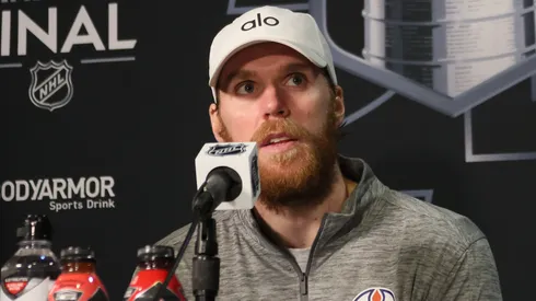 Connor McDavid #97 of the Edmonton Oilers speaks to the media during Media Day prior to the 2024 Stanley Cup Final at Amerant Bank Arena on June 07, 2024 in Sunrise, Florida.