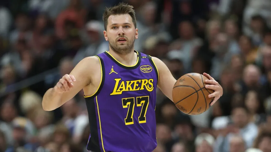 Luka Doncic #77 of the Los Angeles Lakers plays the Denver Nuggets in the first quarter at Ball Arena.