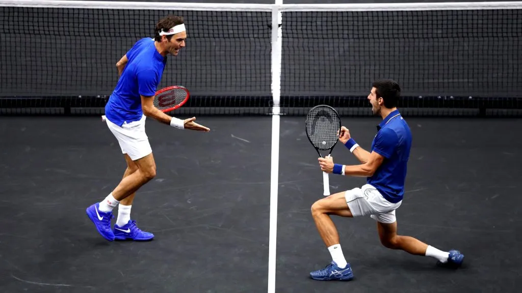 Federer and Djokovic playing doubles for the 2018 Laver Cup (Clive Brunskill/Getty Images for The Laver Cup)