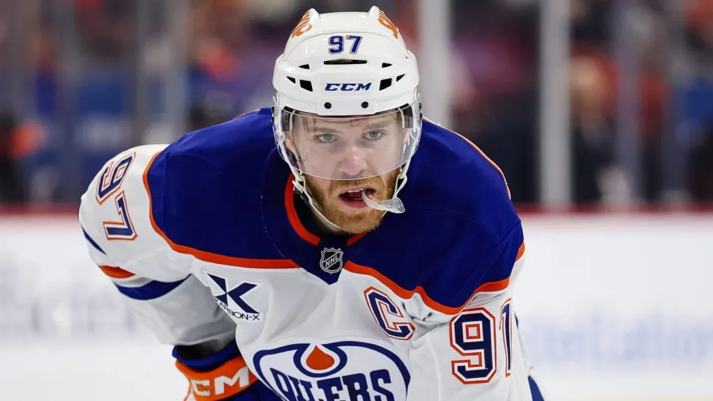 Connor McDavid #97 of the Edmonton Oilers looks on during the third period of the game against the Philadelphia Flyers at the Wells Fargo Center on February 22, 2025 in Philadelphia, Pennsylvania.