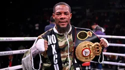 Lamont Roach celebrates after winning a WBA super featherweight championship fight against Hector Garcia at Michelob ULTRA Arena on November 25, 2023 in Las Vegas, Nevada. Roach won in a split decision.