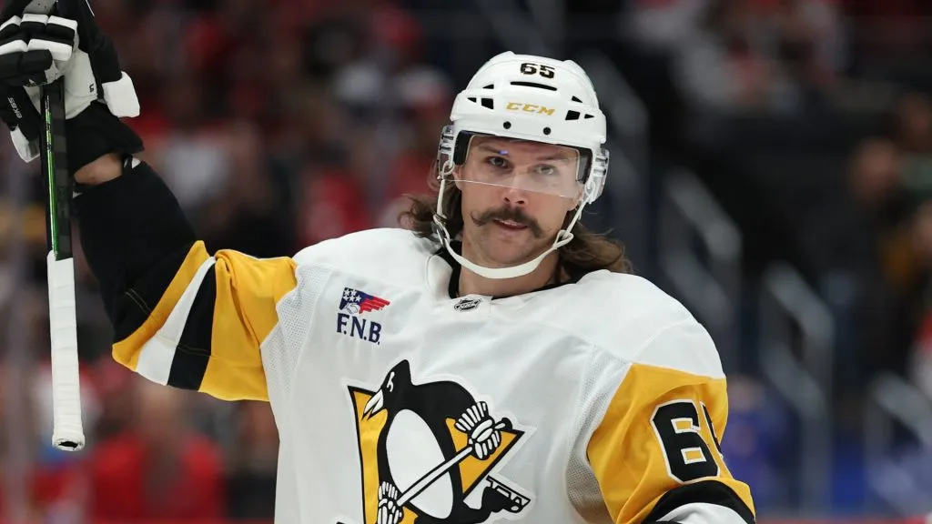 Erik Karlsson #65 of the Pittsburgh Penguins celebrates after scoring a goal against the Washington Capitals during the first period at Capital One Arena on November 08, 2024 in Washington, DC.