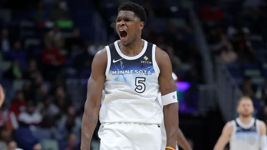 Anthony Edwards #5 of the Minnesota Timberwolves reacts during the first half against the New Orleans Pelicans. (Jonathan Bachman/Getty Images)