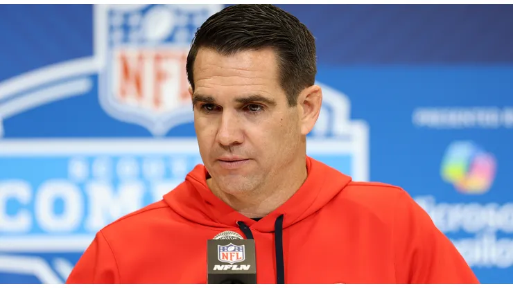 General manager Joe Schoen of the New York Giants speaks to the media during the NFL Scouting Combine at the Indiana Convention Center on February 25, 2025 in Indianapolis, Indiana.