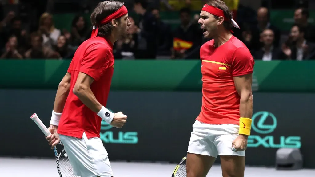 Rafael Nadal and Feliciano Lopez celebrate during their semi-final match against Great Britain during the 2019 Davis Cup. (Alex Pantling/Getty Images)