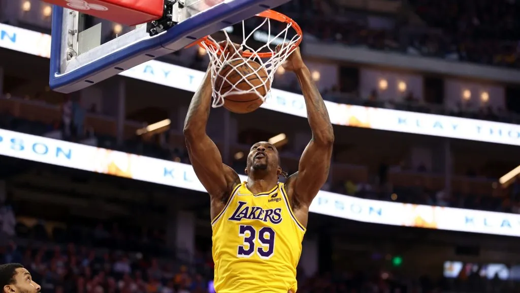 Dwight Howard #39 of the Los Angeles Lakers dunks the ball against the Golden State Warriors in the first half at Chase Center on April 07, 2022 in San Francisco, California.