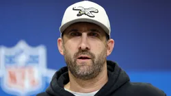 Head coach Nick Sirianni of the Philadelphia Eagles speaks to the media during the NFL Scouting Combine at the Indiana Convention Center on February 25, 2025 in Indianapolis, Indiana.