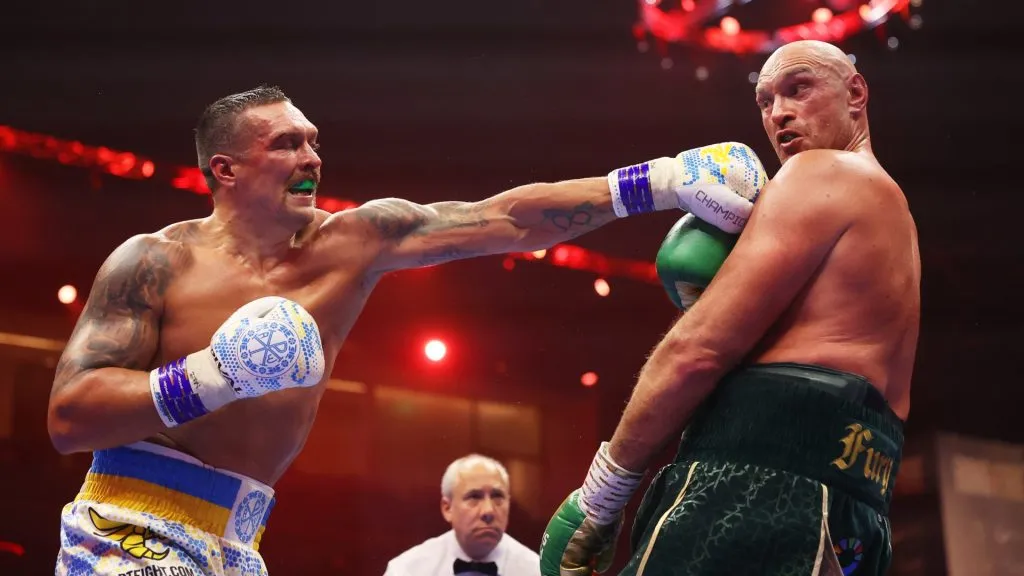 Oleksandr Usyk punches Tyson Fury during the IBF, WBA, WBC, WBO and Undisputed Heavyweight titles’ fight between Tyson Fury and Oleksandr Usyk at Kingdom Arena on May 18, 2024 in Riyadh, Saudi Arabia. (Photo by Richard Pelham/Getty Images)