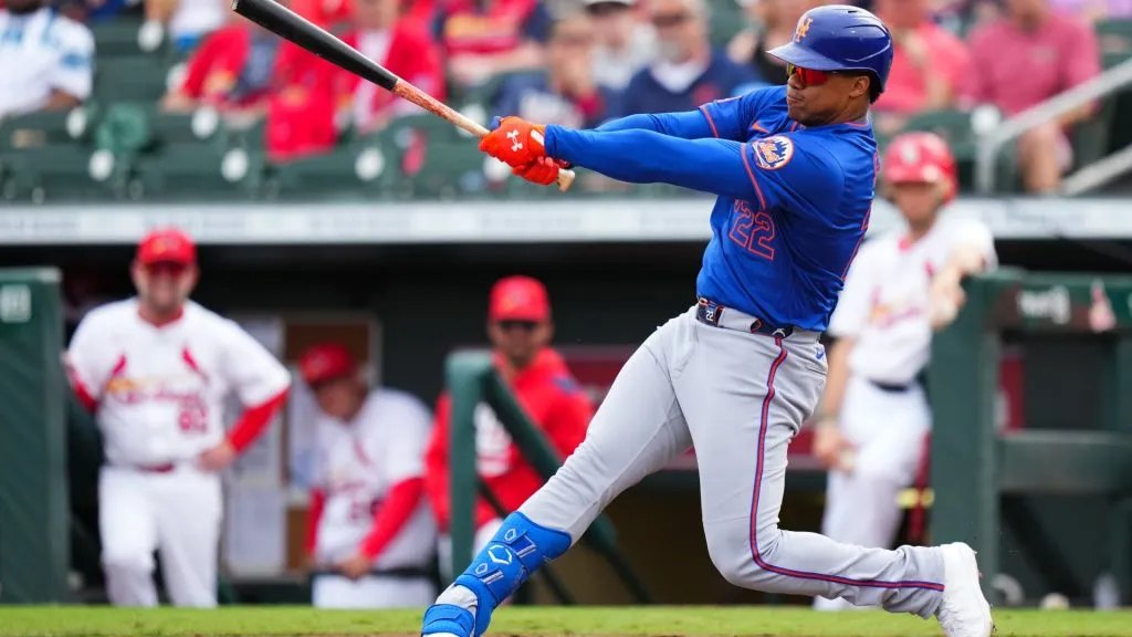 Juan Soto #22 of the New York Mets hits a single against the St. Louis Cardinals of a spring training game at Roger Dean Stadium on February 24, 2025 in Jupiter, Florida. (Photo by Rich Storry/Getty Images)