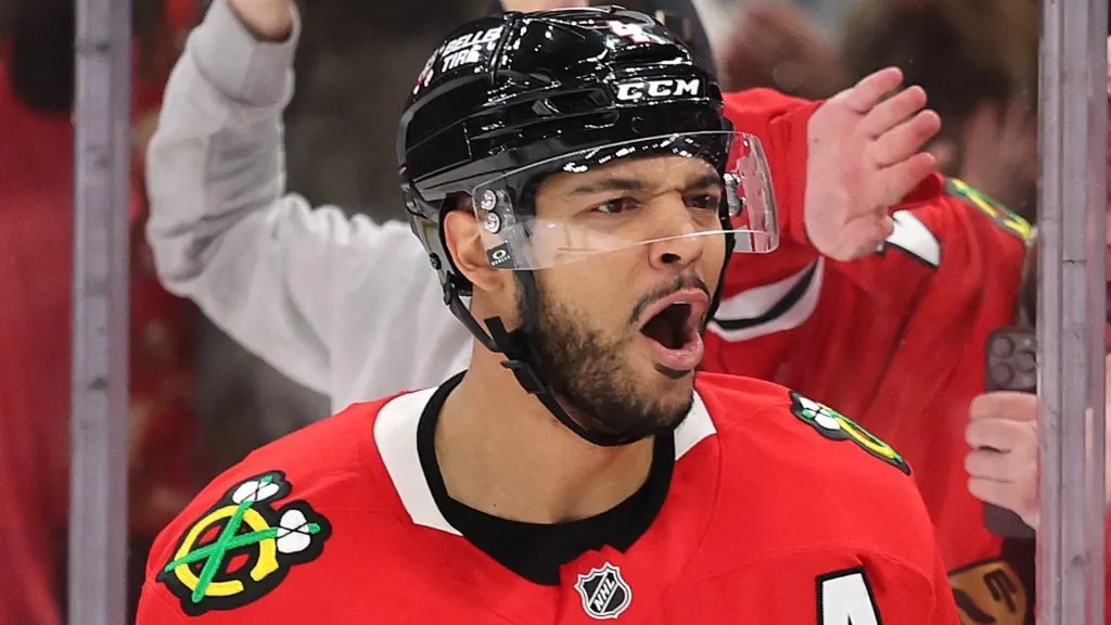 Seth Jones #4 of the Chicago Blackhawks celebrates after scoring a goal against the Nashville Predators during the second period at the United Center on February 07, 2025 in Chicago, Illinois.