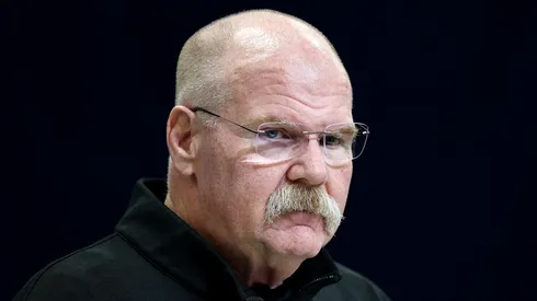 Head coach Andy Reid of the Kansas City Chiefs speaks to the media during the NFL Scouting Combine at the Indiana Convention Center on February 25, 2025 in Indianapolis, Indiana.
