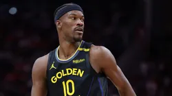 Jimmy Butler #10 of the Golden State Warriors looks on against the Houston Rockets during the second half at Toyota Center on February 13, 2025 in Houston, Texas.