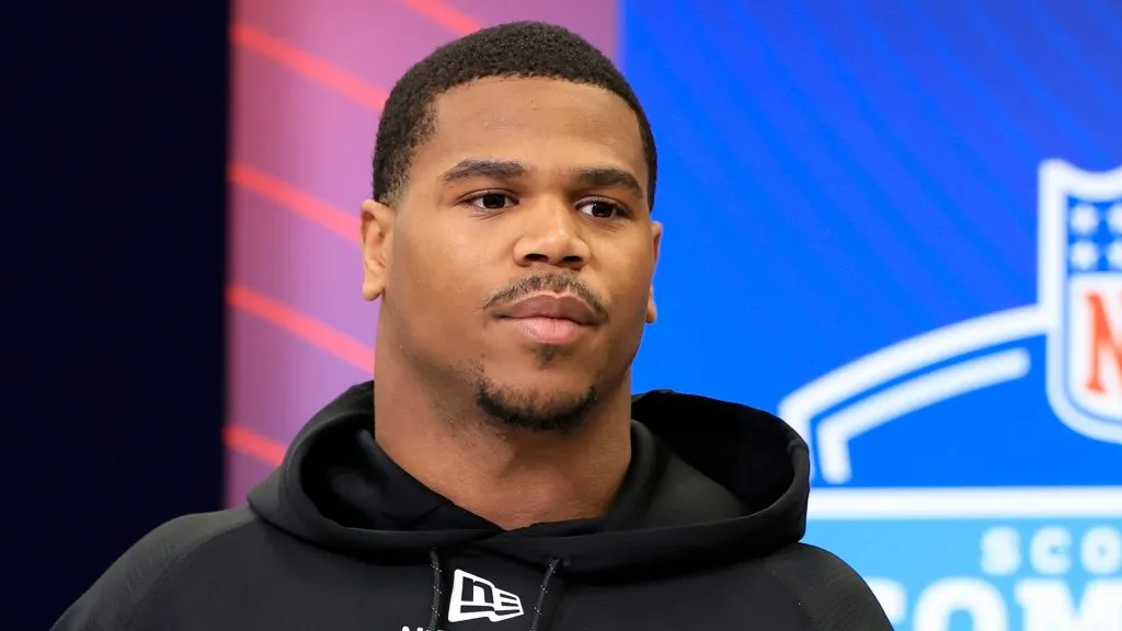 Abdul Carter #DL44 of Penn State speaks to the media during the 2025 NFL Combine at the Indiana Convention Center on February 26, 2025 in Indianapolis, Indiana.