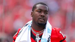 Mykel Williams #13 of the Georgia Bulldogs reacts following an injury in the second half against the Tennessee Tech Golden Eagles at Sanford Stadium on September 7, 2024 in Athens, Georgia.