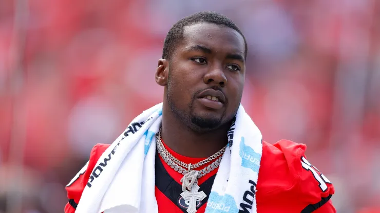 Mykel Williams #13 of the Georgia Bulldogs reacts following an injury in the second half against the Tennessee Tech Golden Eagles at Sanford Stadium on September 7, 2024 in Athens, Georgia.